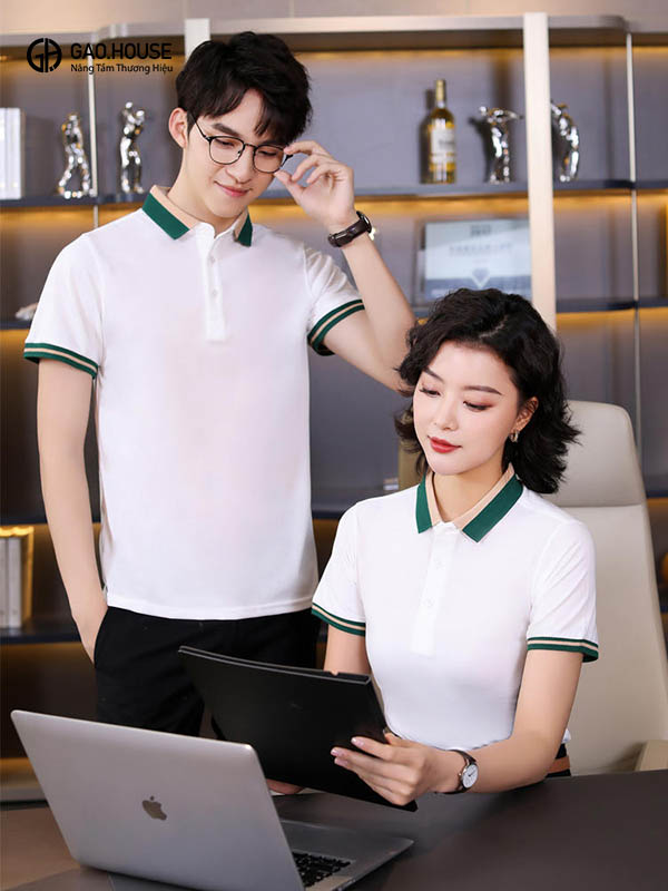 Áo thun đồng phục công ty màu trắng phối bo dệt