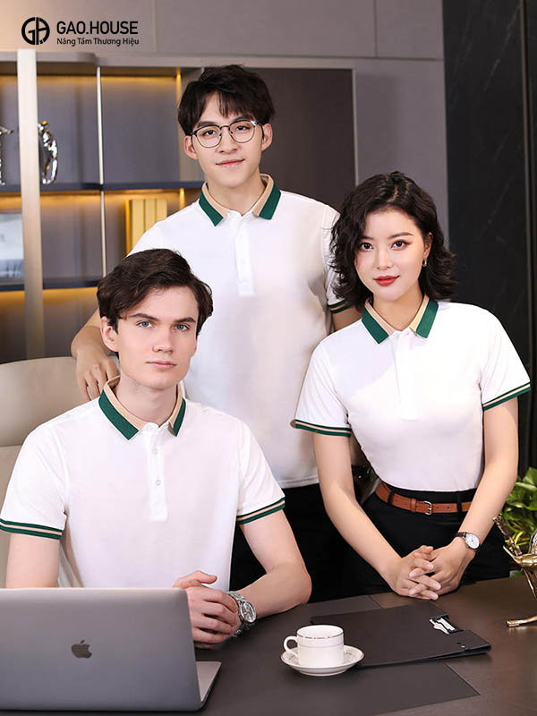 Áo thun đồng phục công ty màu trắng phối bo dệt