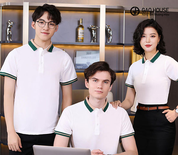 Áo thun đồng phục công ty màu trắng phối bo dệt