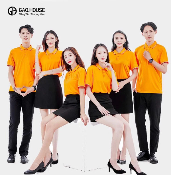 Áo đồng phục công ty màu cam cổ phối sọc đỏ trắng