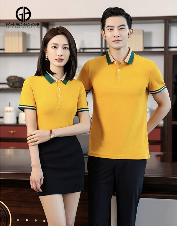 Áo thun đồng phục công ty màu vàng cổ phối dệt