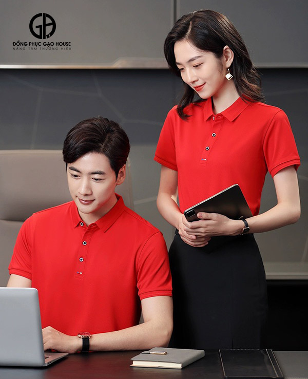 Áo đồng phục công ty màu đỏ phối trơn