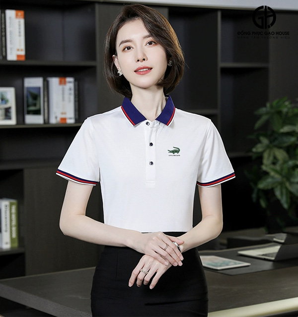 Áo thun đồng phục màu trắng cổ phối dệt