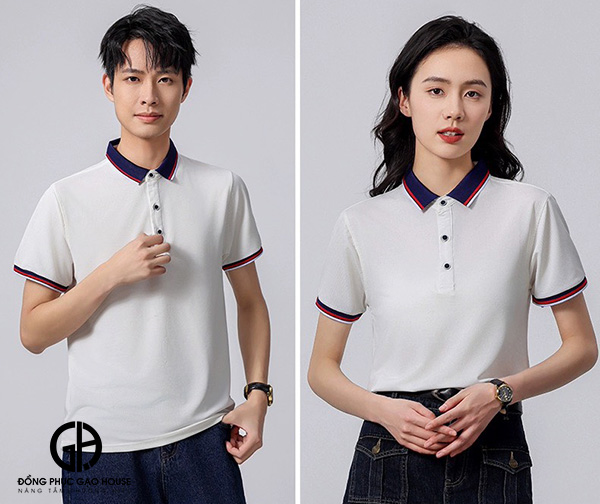 Áo thun đồng phục màu trắng cổ phối dệt