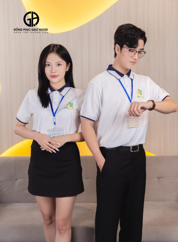 Đồng phục công ty màu trắng phối cổ bo dệt - Hình ảnh 5