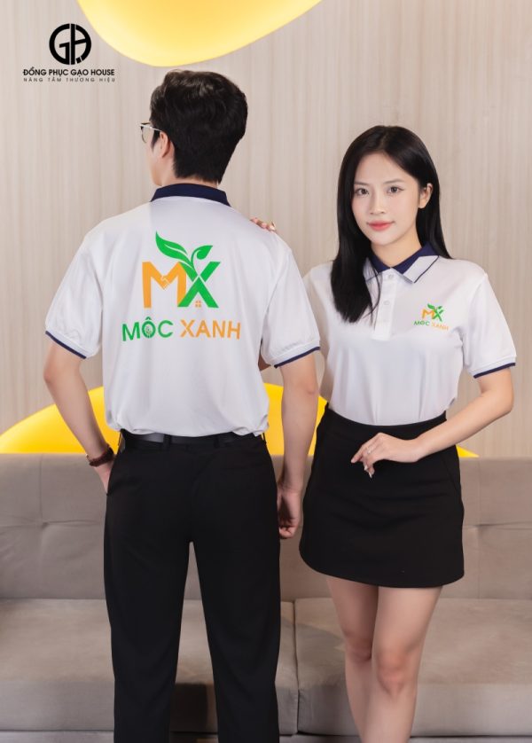 Đồng phục công ty màu trắng phối cổ bo dệt - Hình ảnh 3