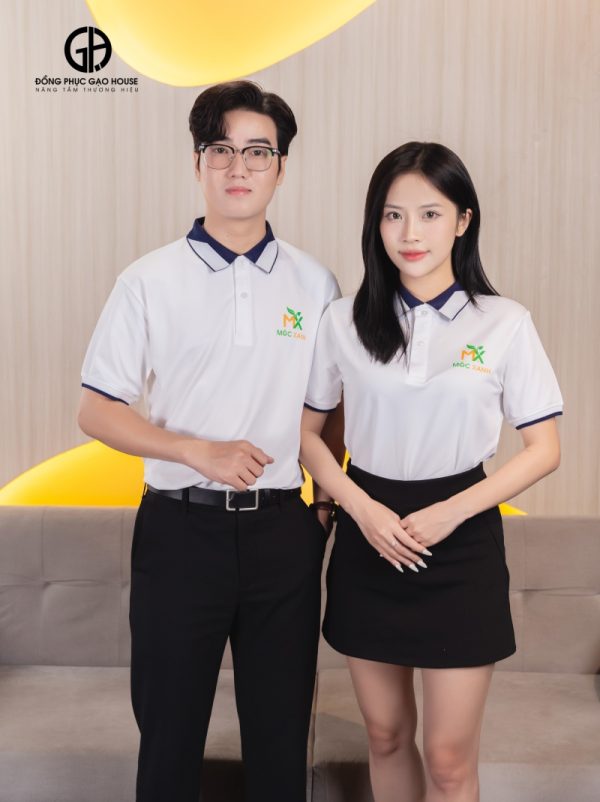 Đồng phục công ty màu trắng phối cổ bo dệt - Hình ảnh 2