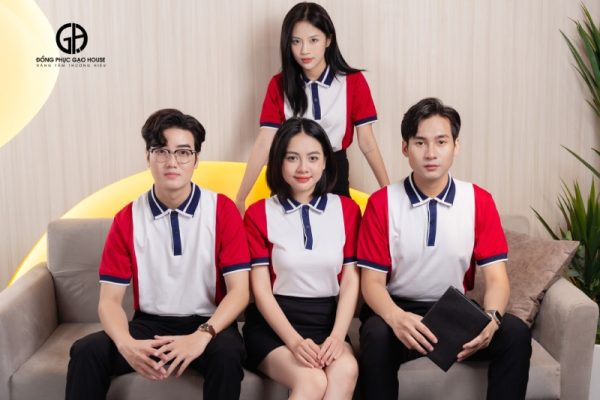 Đồng phục công ty màu trắng phối sườn đỏ tươi - Hình ảnh 4
