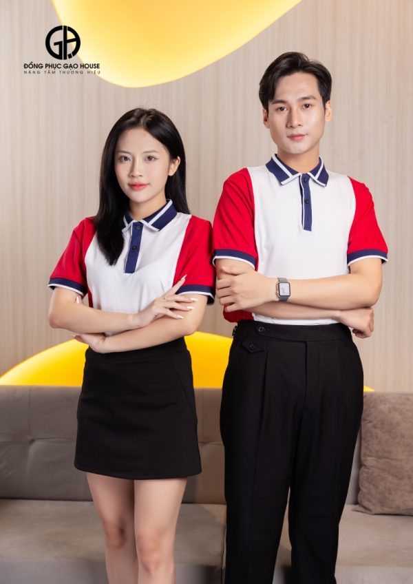 Đồng phục công ty màu trắng phối sườn đỏ tươi - Hình ảnh 2