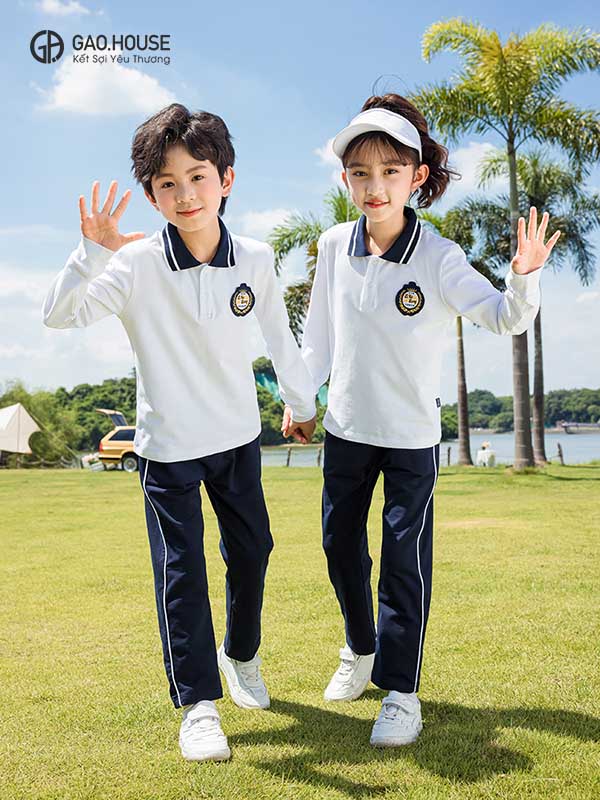 Áo lớp màu trắng dài tay cổ phối xanh than