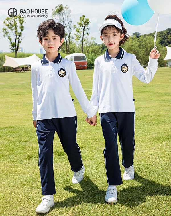 Áo lớp màu trắng dài tay cổ phối xanh than