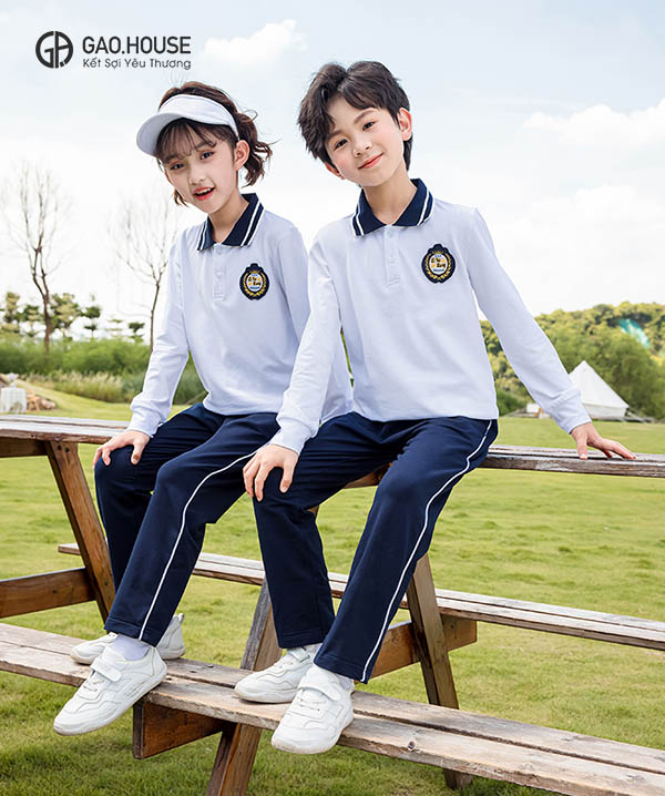 Áo lớp màu trắng dài tay cổ phối xanh than