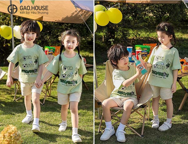 Áo thun gia đình cổ tròn tone xanh nhẹ dịu