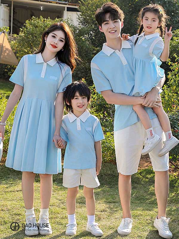 Áo váy gia đình tone màu xanh thiên thanh