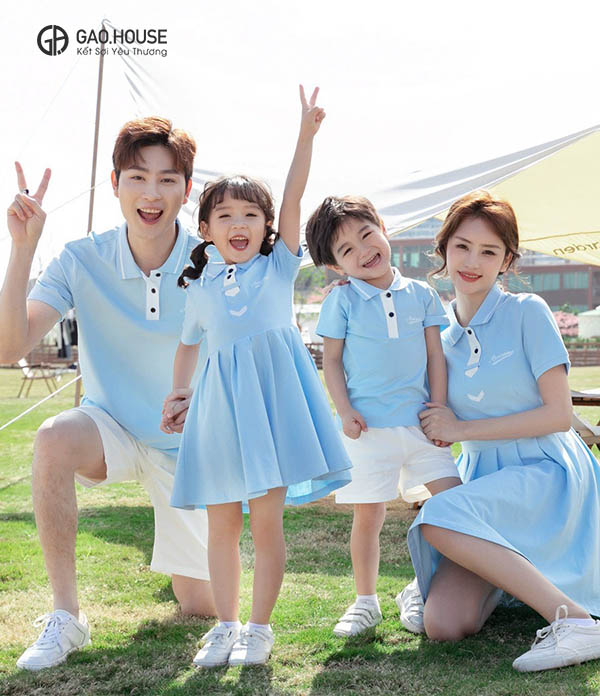 Áo váy gia đình tone màu xanh thiên thanh