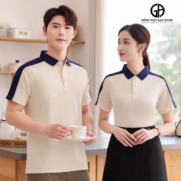 Áo thun công ty màu be phối cầu vai tím than - Hình ảnh 3