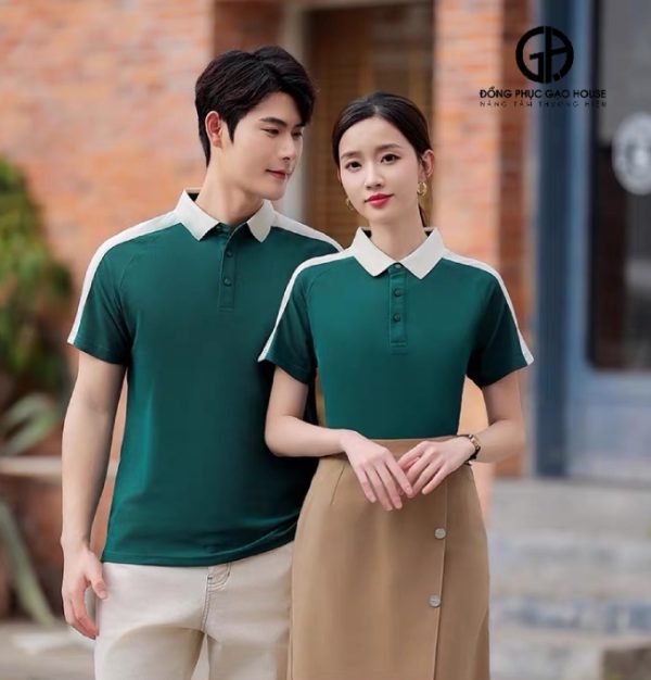 Áo công ty màu xanh ve chai phối cầu vai trắng