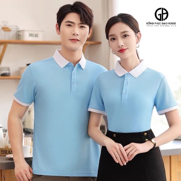 Áo thun công ty màu be phối cầu vai tím than - Hình ảnh 4