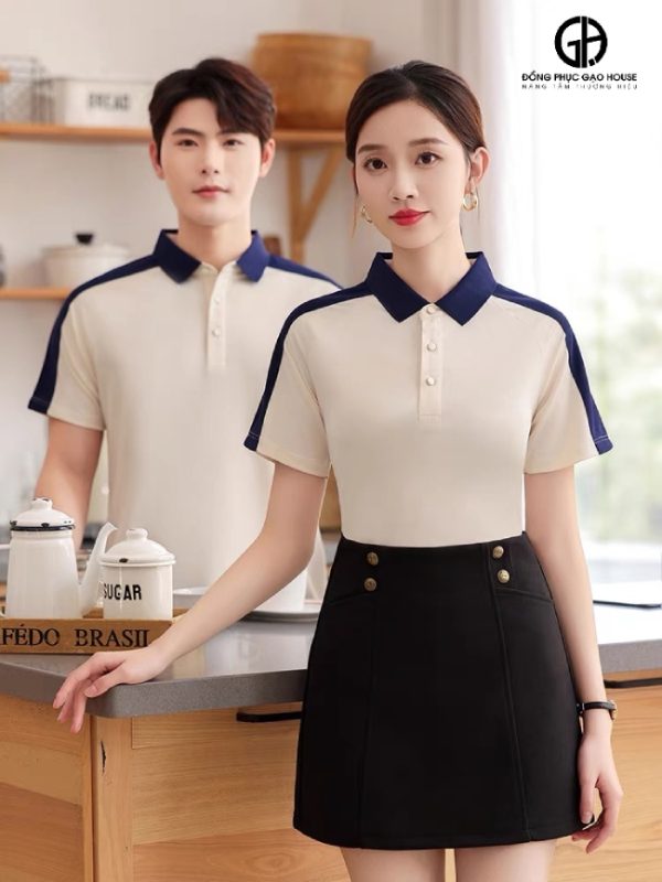 Áo thun công ty màu be phối cầu vai tím than - Hình ảnh 2