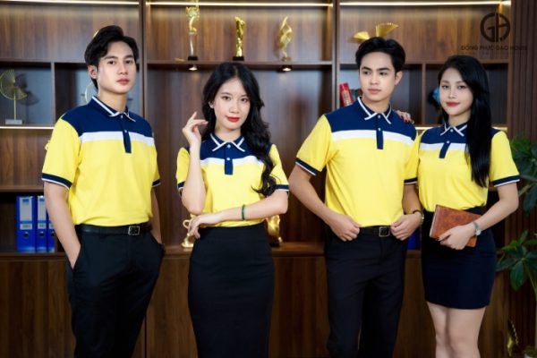 Áo công ty tone vàng phối cổ tím chuyên nghiệp - Hình ảnh 3