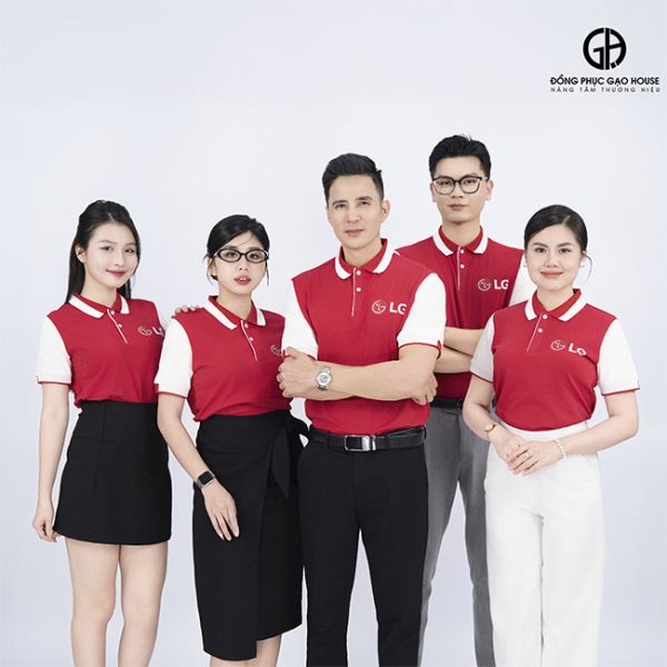 đồng phục công ty lg màu đỏ phối tay trắng